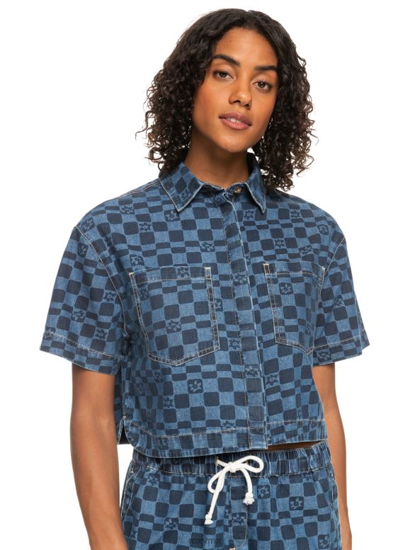 Roxy mujer camisa de mezclilla de manga corta con estampado wave club 68XP0156