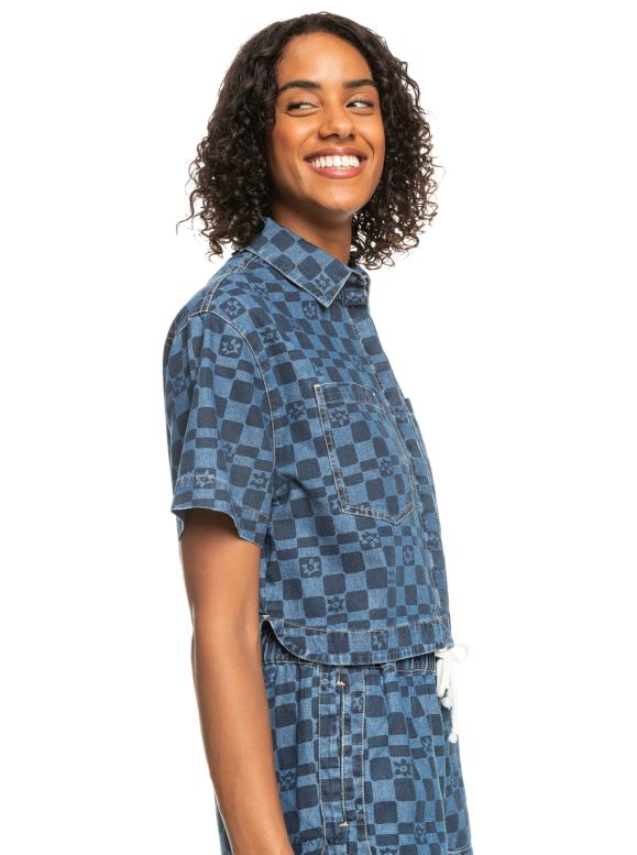 Roxy mujer camisa de mezclilla de manga corta con estampado wave club 68XP0156