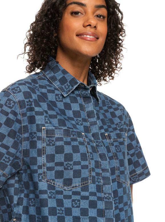 Roxy mujer camisa de mezclilla de manga corta con estampado wave club 68XP0156