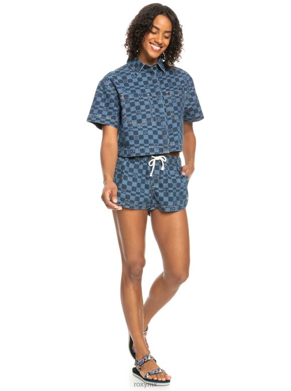Roxy mujer camisa de mezclilla de manga corta con estampado wave club 68XP0156